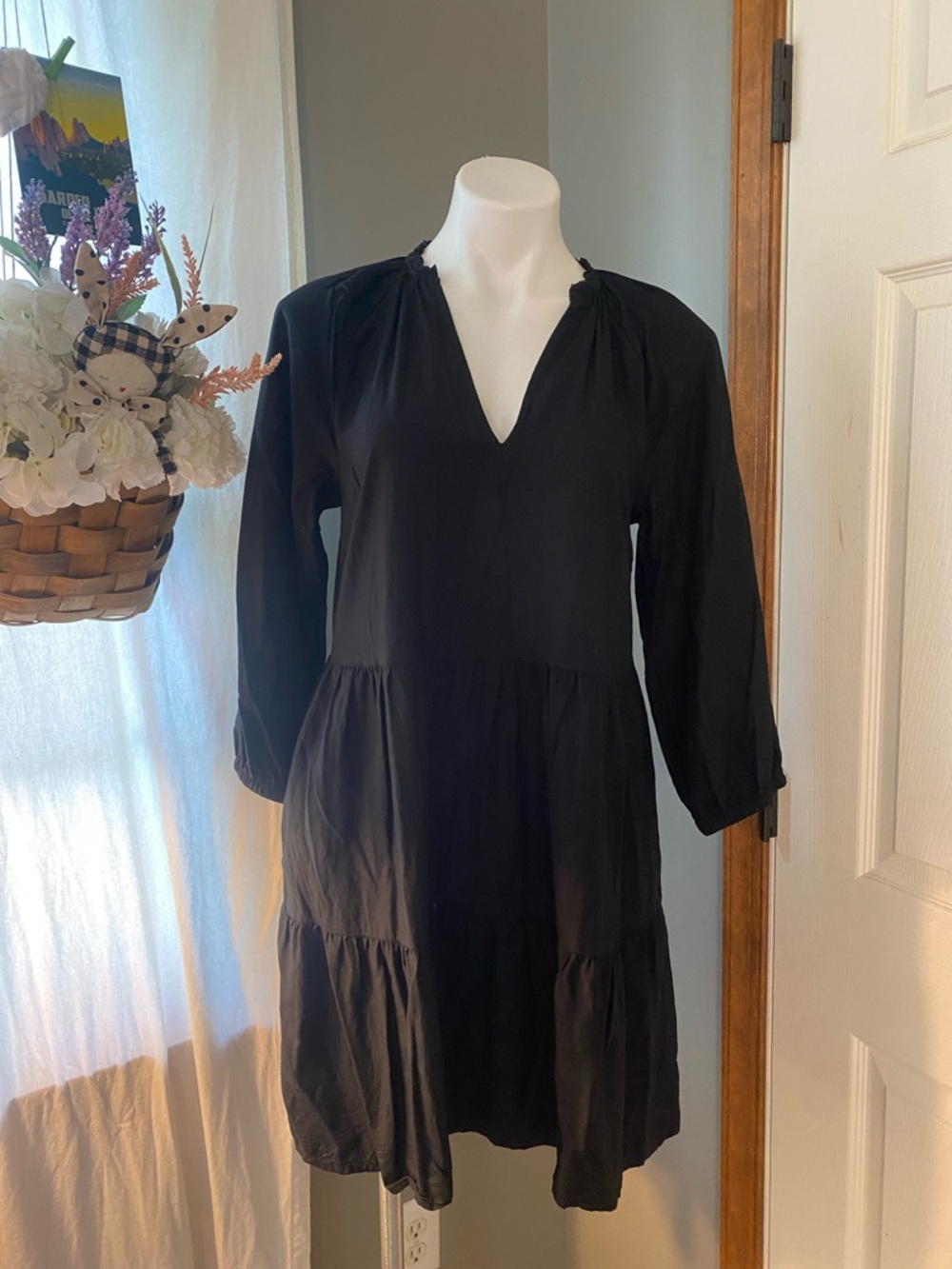Carolyn Miranda The Drop Black V-Neck Tiered Long-Sleeve Women's Dress